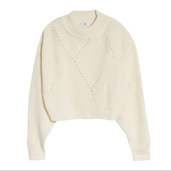 Nordstrom NWT Cropped Sweater Socialite Pointelle Crewneck In Ivory - Picture 1 of 6